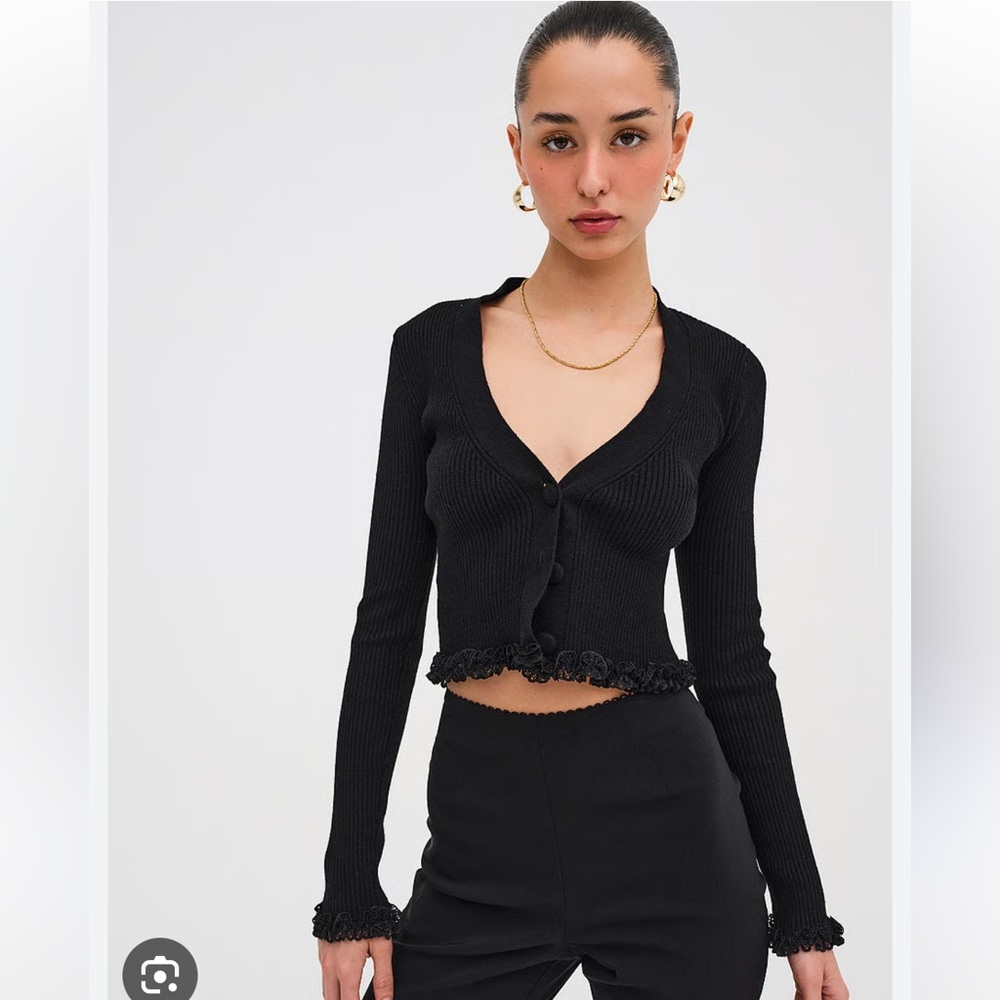 Black For Love & Lemons Ribbed Cardigan with Lace Ruffle Hem